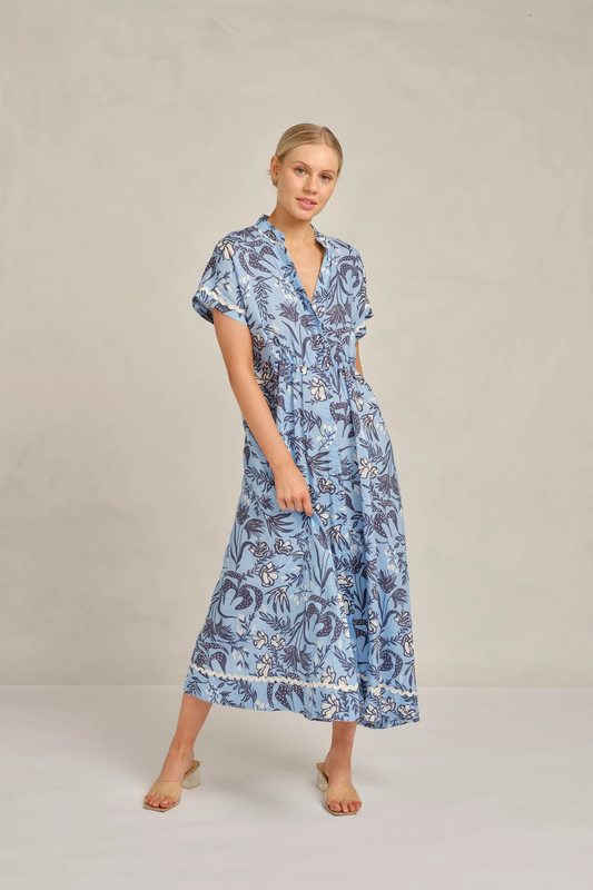 candice wave linen dress - cornflower paradise print