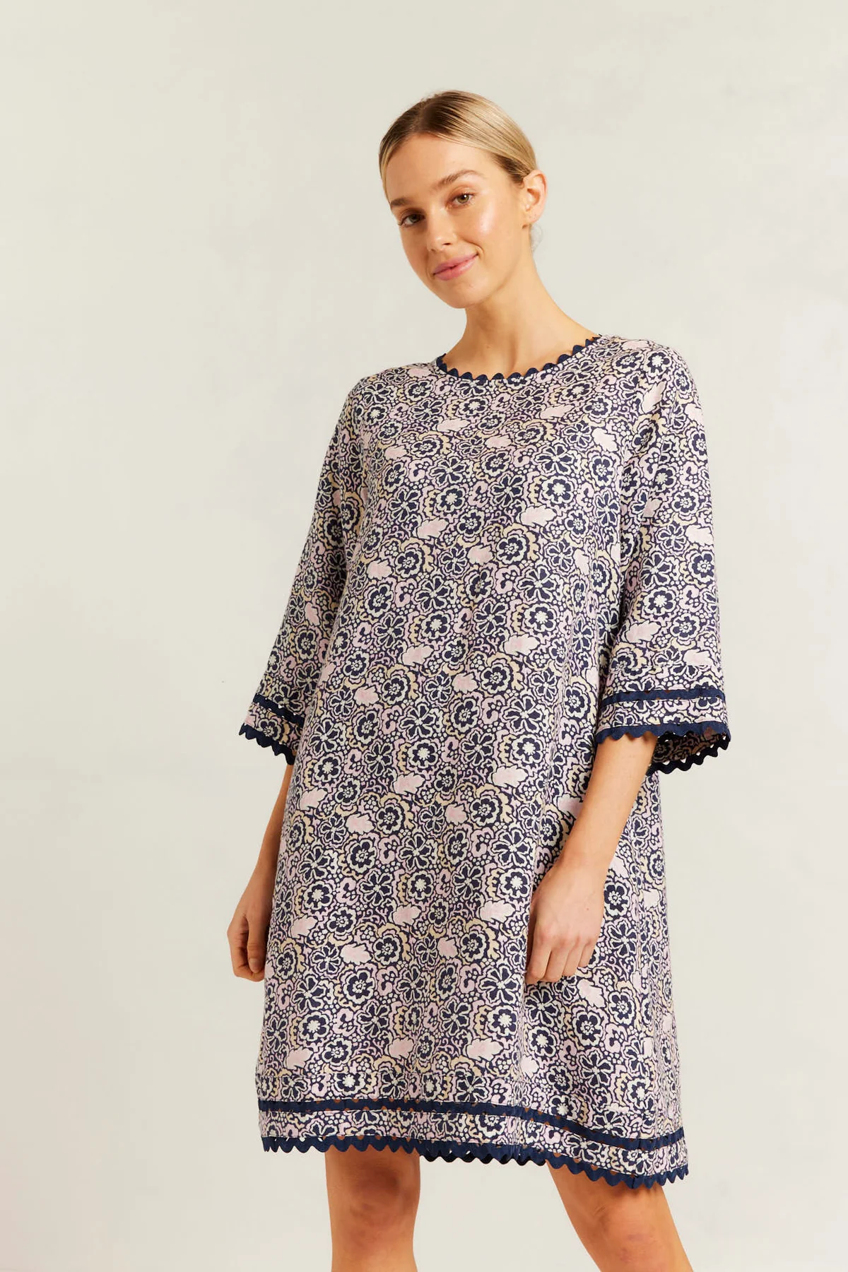 claire linen dress - navy raya print