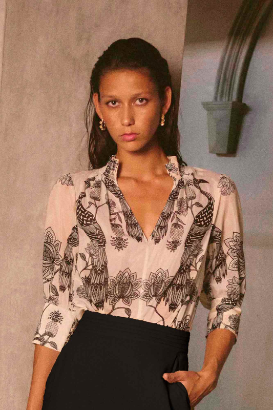 Oleander Print Cotton Silk Shirred Collar Blouse