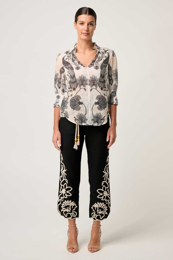 Oleander Print Cotton Silk Shirred Collar Blouse