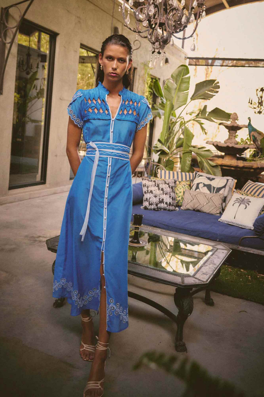 Xanthia Diamond Smock Yoke Silk Embroidered Dress